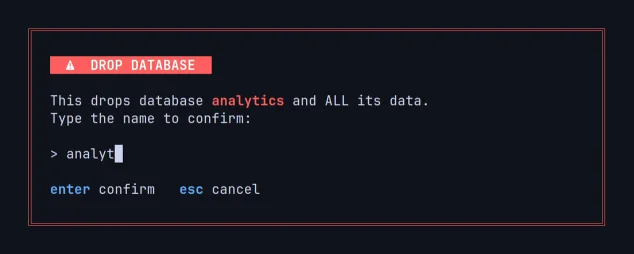 A 'Drop database' confirmation that only continues once the database name 'analytics' is typed in full.