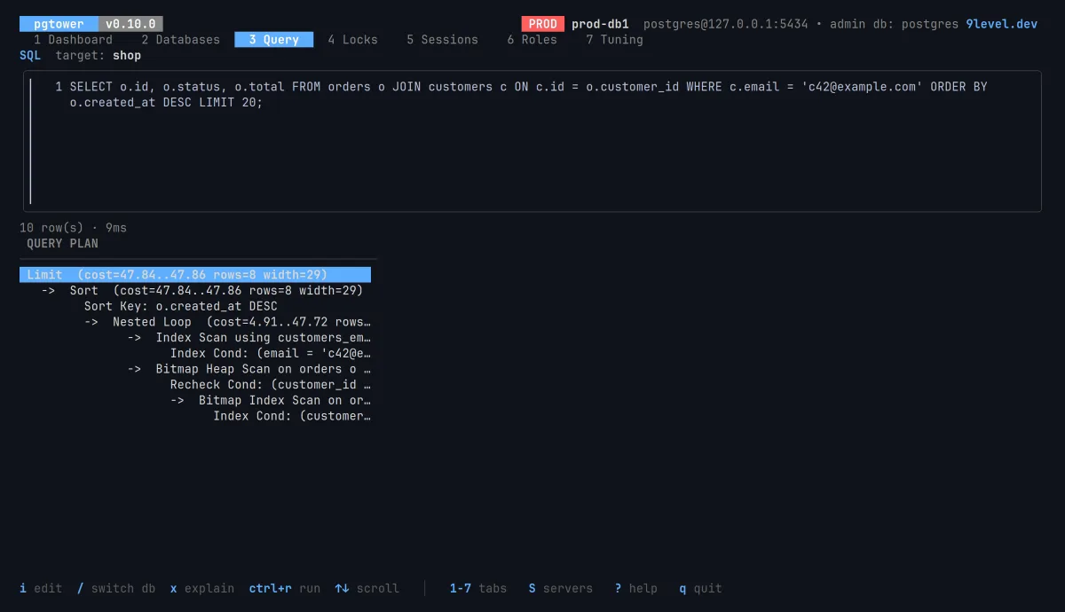 The Query screen showing an EXPLAIN plan with a nested loop, index scan and bitmap heap scan.