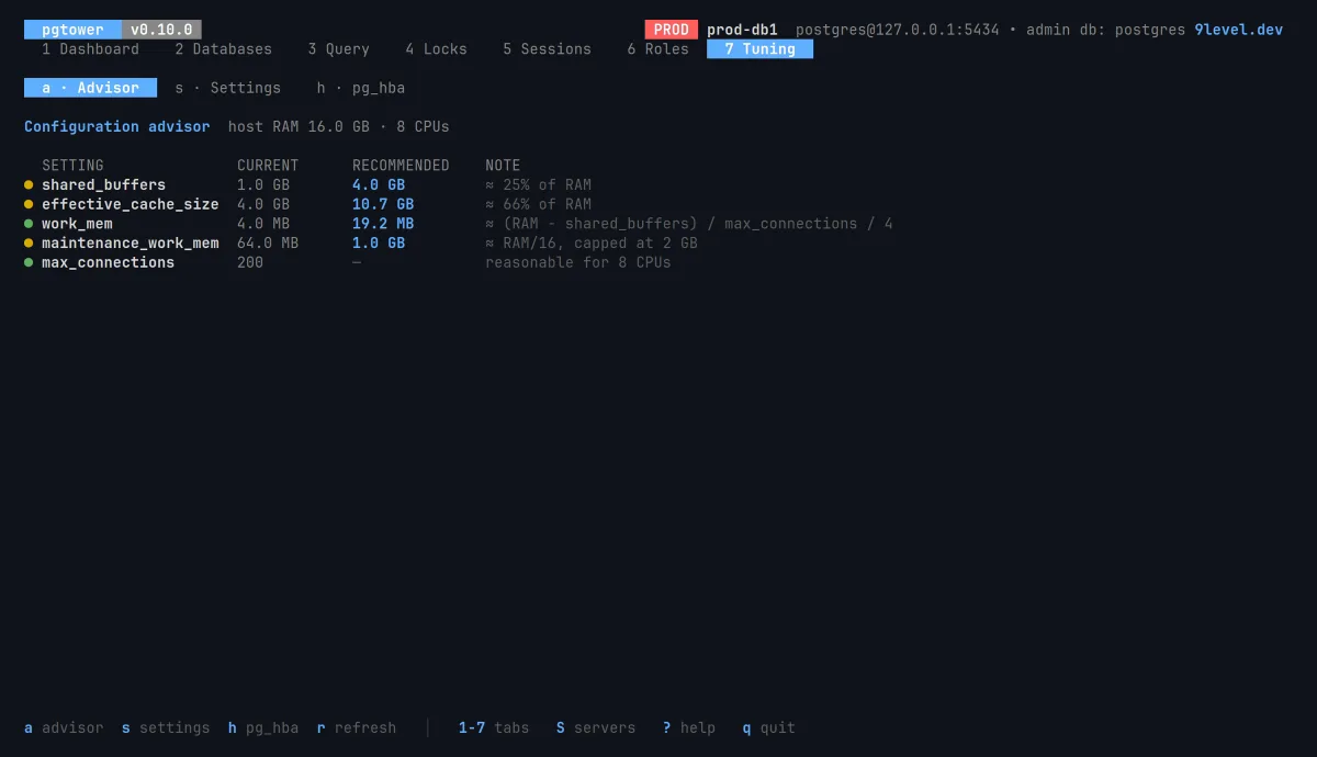 The Tuning advisor comparing shared_buffers, effective_cache_size, work_mem, maintenance_work_mem and max_connections with recommendations for the host.