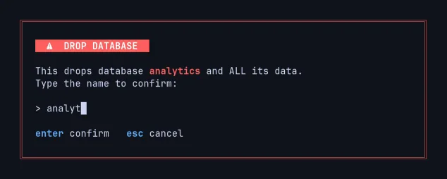 A confirmação 'Drop database', que só continua depois que o nome do banco, 'analytics', é digitado inteiro.