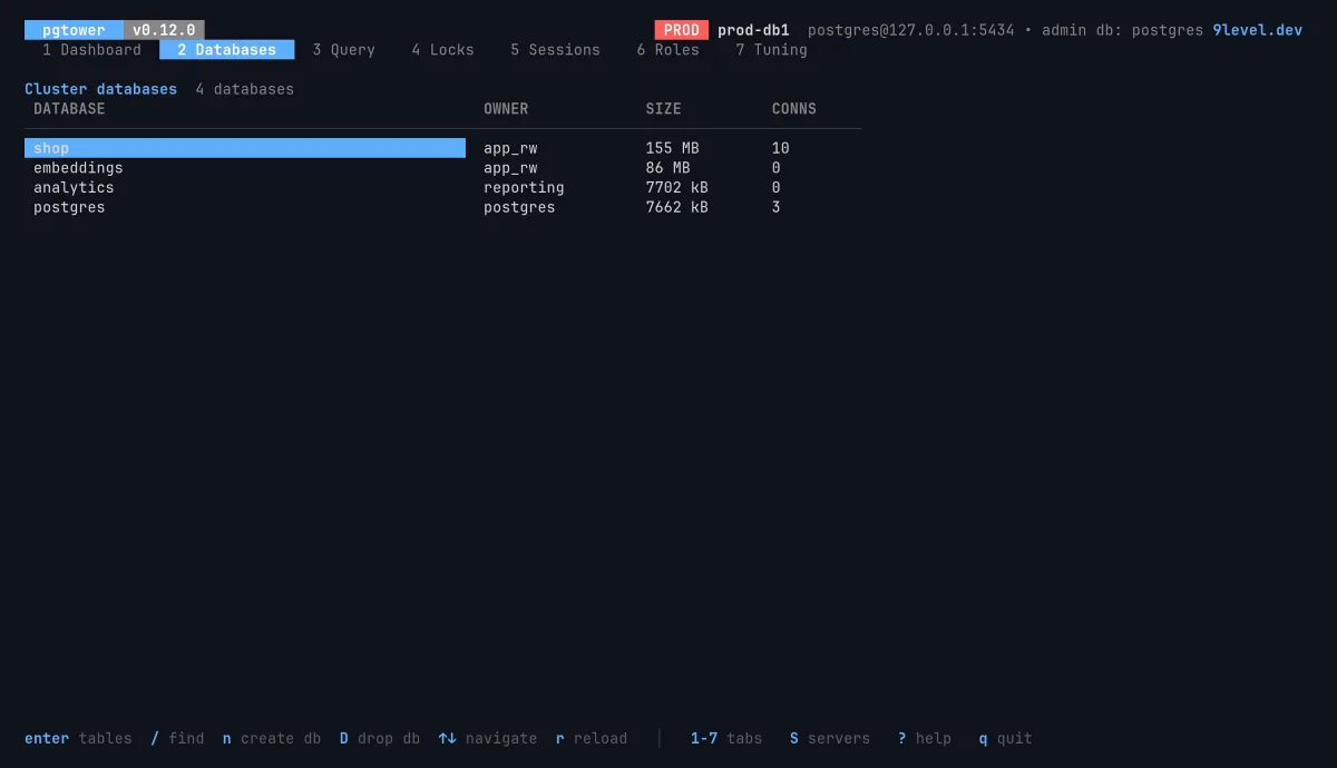 A tela Databases (bancos), com shop, embeddings, analytics e postgres, e o dono, o tamanho e as conexões abertas de cada um; o shop tem 155 MB e 10 conexões.