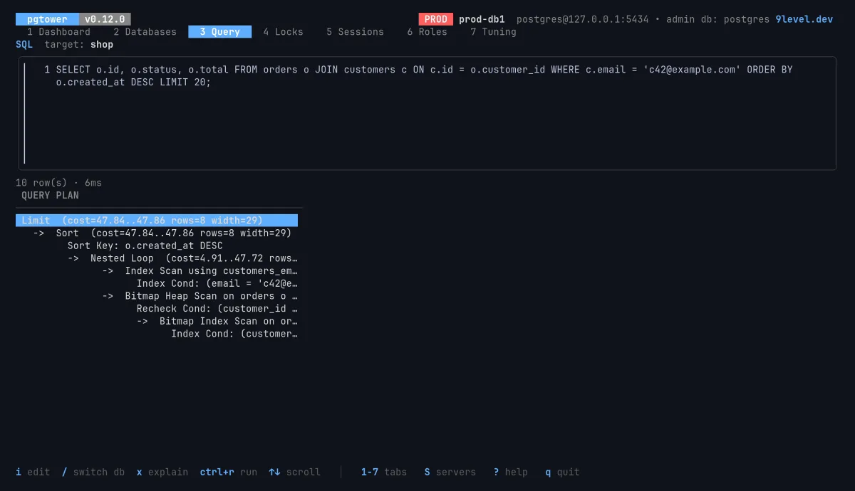 A tela Query (consulta), com um plano de EXPLAIN: nested loop, index scan e bitmap heap scan.