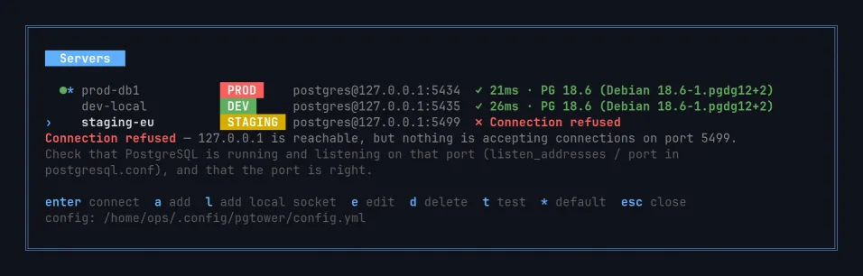 A tela Servers: prod-db1 e dev-local respondem em menos de 30 ms; o staging-eu mostra 'Connection refused' e o que conferir.