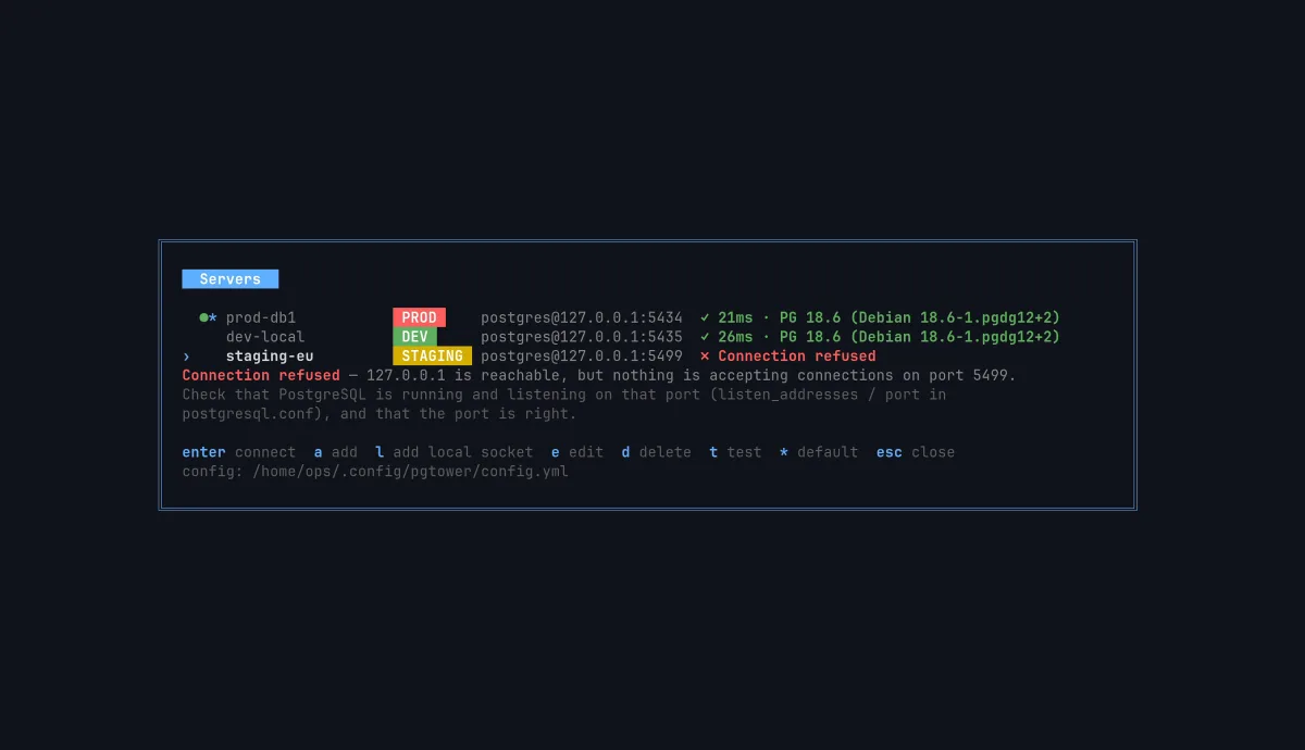 A tela Servers (servidores), com prod-db1 (PROD), dev-local (DEV) e staging-eu (STAGING); os dois primeiros respondem em menos de 30 ms, e o staging-eu mostra 'Connection refused' e o que conferir.
